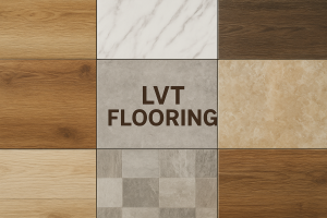 An AI-rendered showcase of the different styles of LVT, with 'LVT Flooring' written in the middle. 