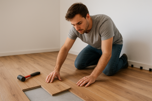 An AI-rendered image of a young man laying his engineered wood flooring. 