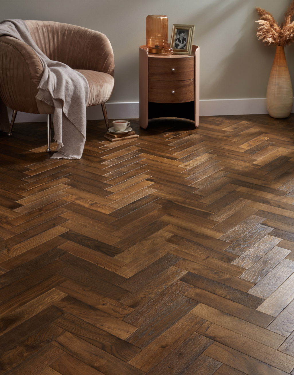 Artisan Herringbone Hot Chocolate Oak Brushed & Lacquered Engineered Wood Flooring