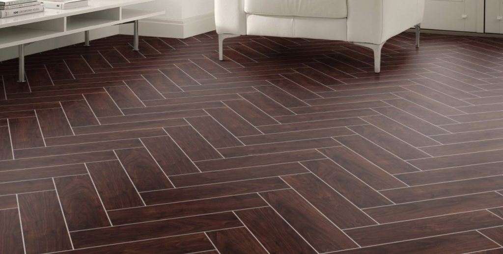 Dark Herringbone LVT Flooring with feature strips