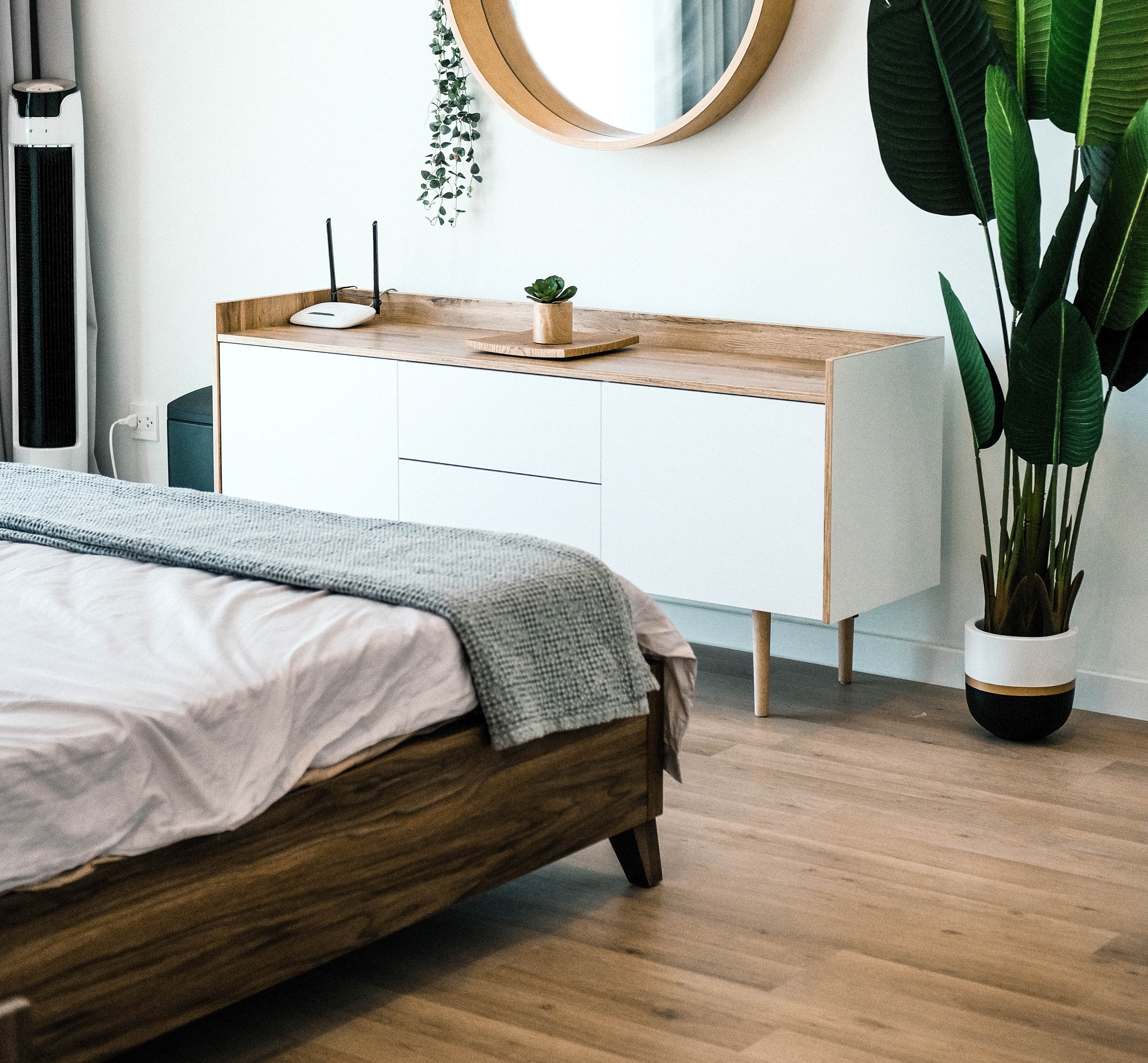Bedroom with wooden flooring
