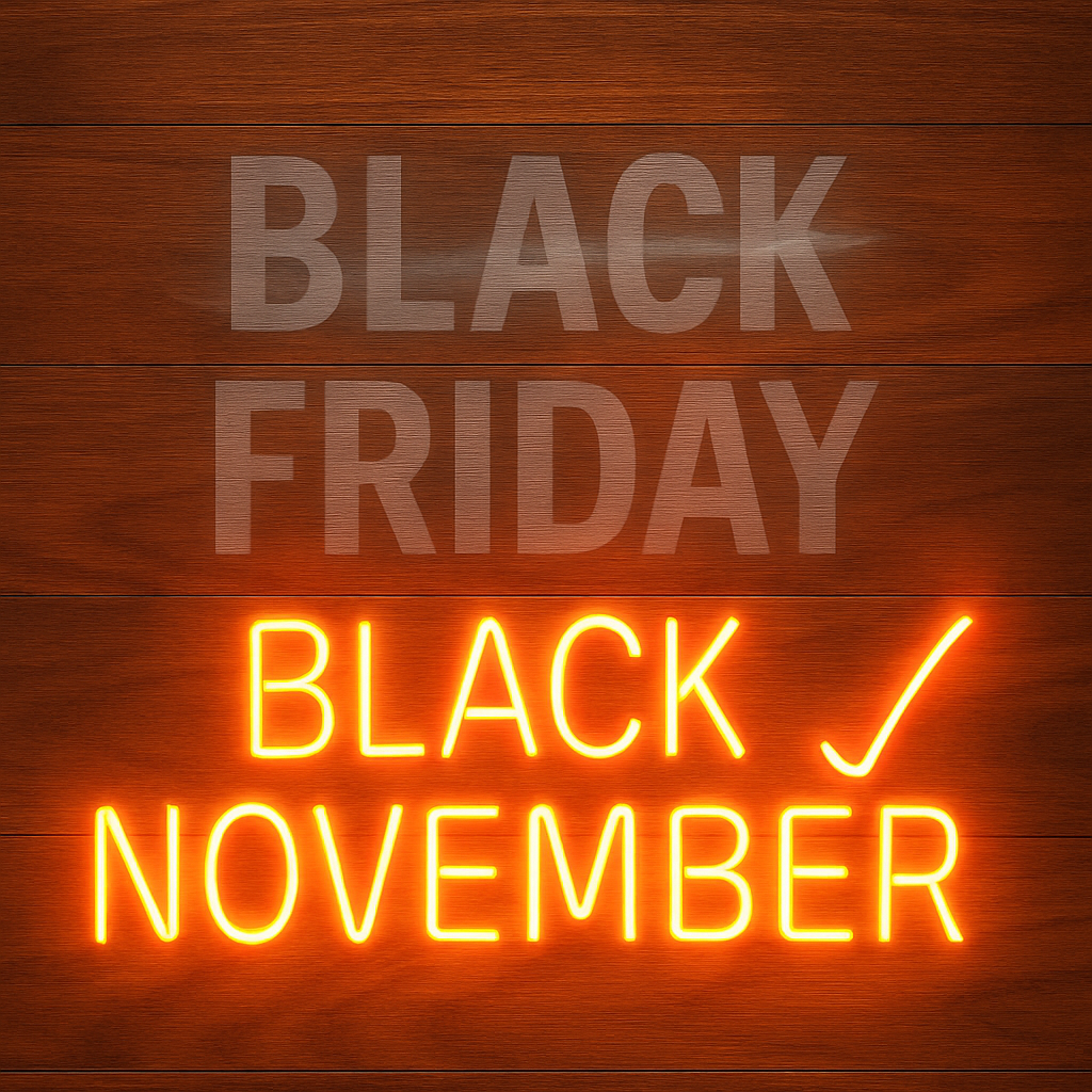 An AI-rendered image of Black November in Orange Neon, supported by wooden flooring.