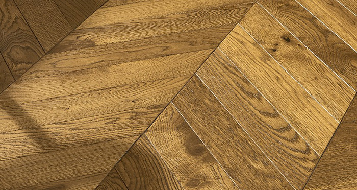 Cambridge Chevron Golden Smoked Oak Brushed & Lacquered Engineered Wood Flooring - Descriptive 3