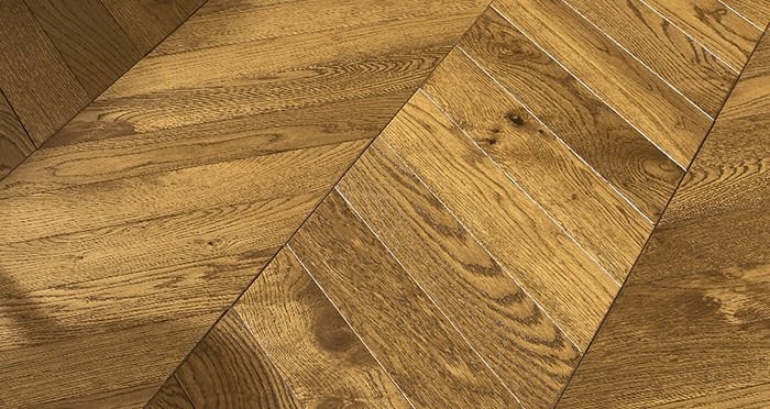 Cambridge Chevron Golden Smoked Oak Brushed & Lacquered Engineered Wood Flooring - Descriptive 4